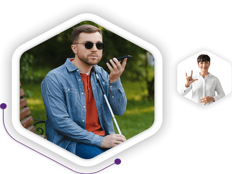 Imagens ilustrando um homem com deficiência visual falando utilizando o celular e uma mulher se comunicando em LIBRAS