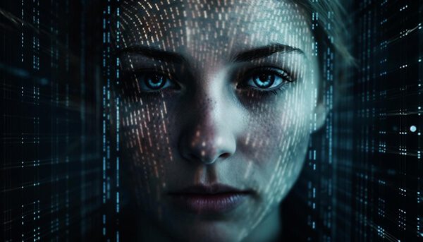 Imagem do rosto de uma mulher jovem com fundo tecnológico em tons de azul